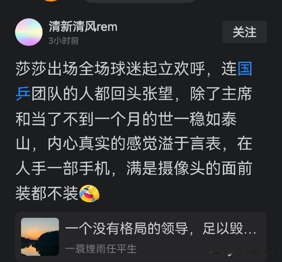 我也喜欢莎莎，但我很理智。王励勤不是谁的粉丝，他是主席，他关注的不仅仅这几个国乒