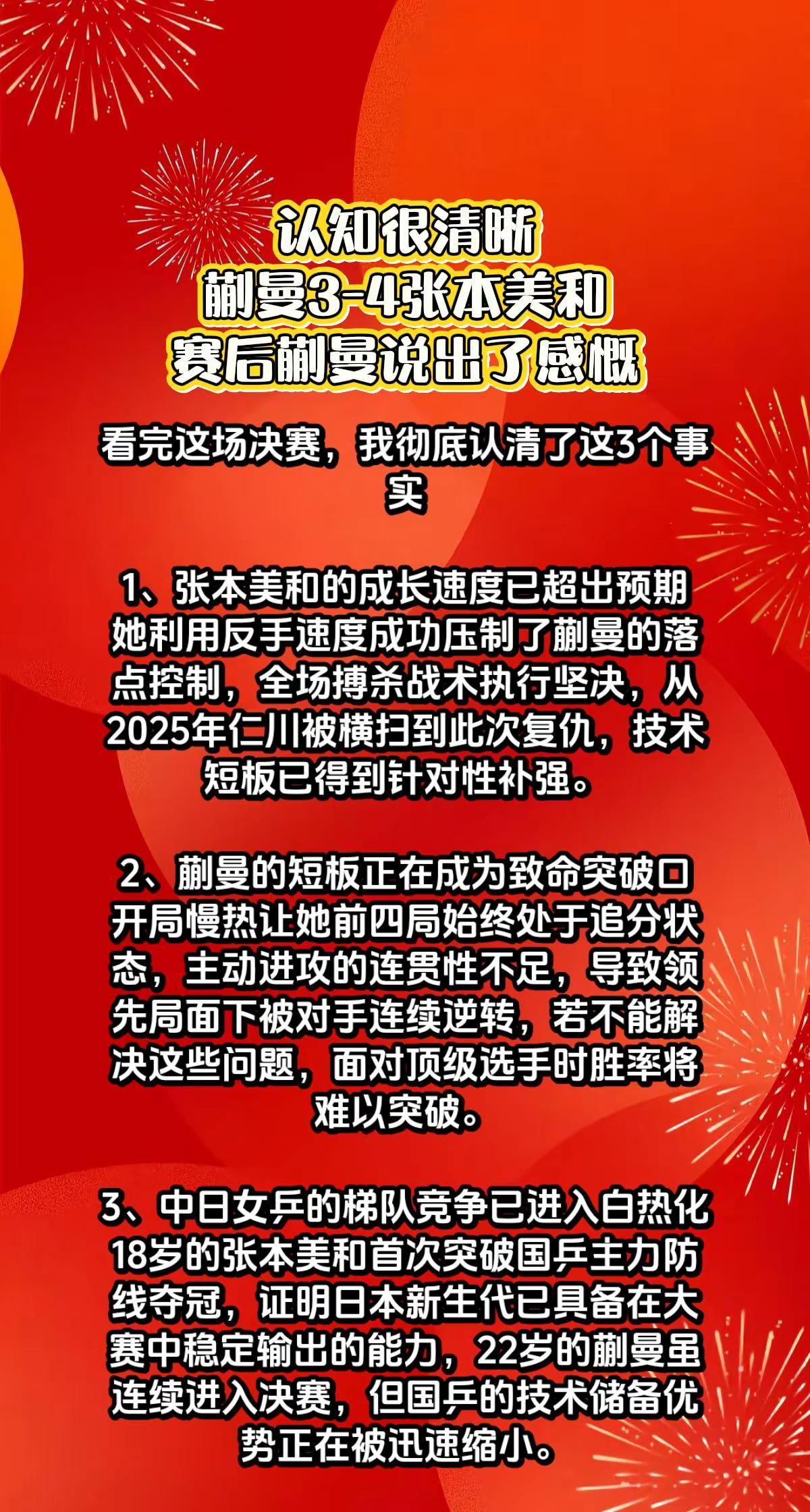 蒯曼3-4张本美和，赛后蒯曼说出了感慨。