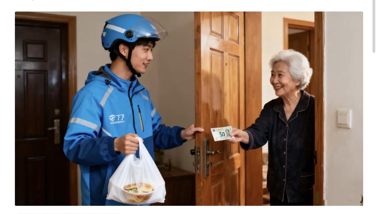 今天看到一则关于孤寡老人的新闻。上海一位83岁的老太太，每天给外卖小哥50元