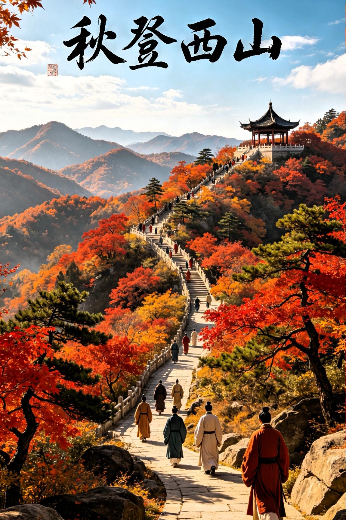 秋登西山.七律诗层峦叠翠入云天，策杖寻幽向暮巅。疏叶摇风凝晓露，寒泉