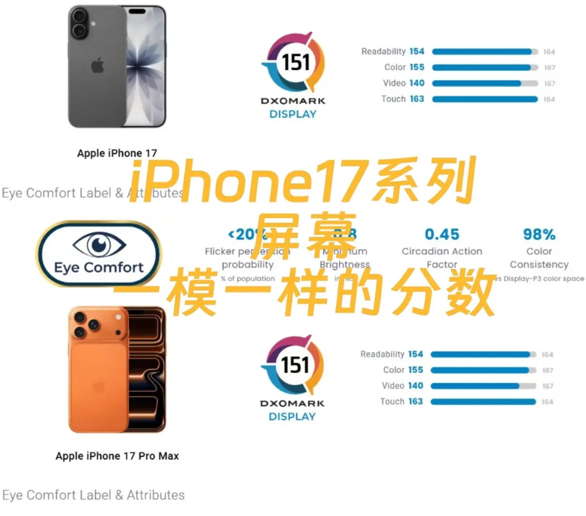 这回iPhone17标准版真的立住了，全系屏幕分数竟是一样的~大伙都知道这次