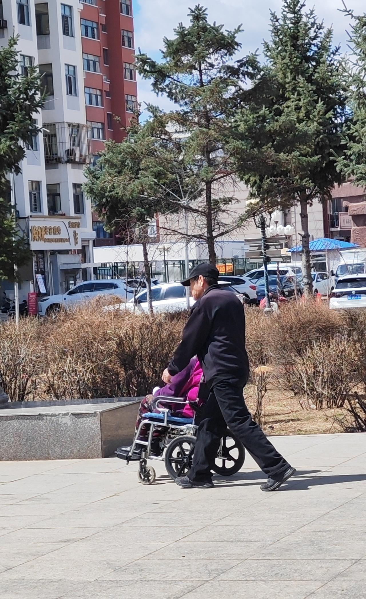 百岁老人的母子相伴小区有个百岁（102岁）老人，这几天天气回暖，她儿子推她到