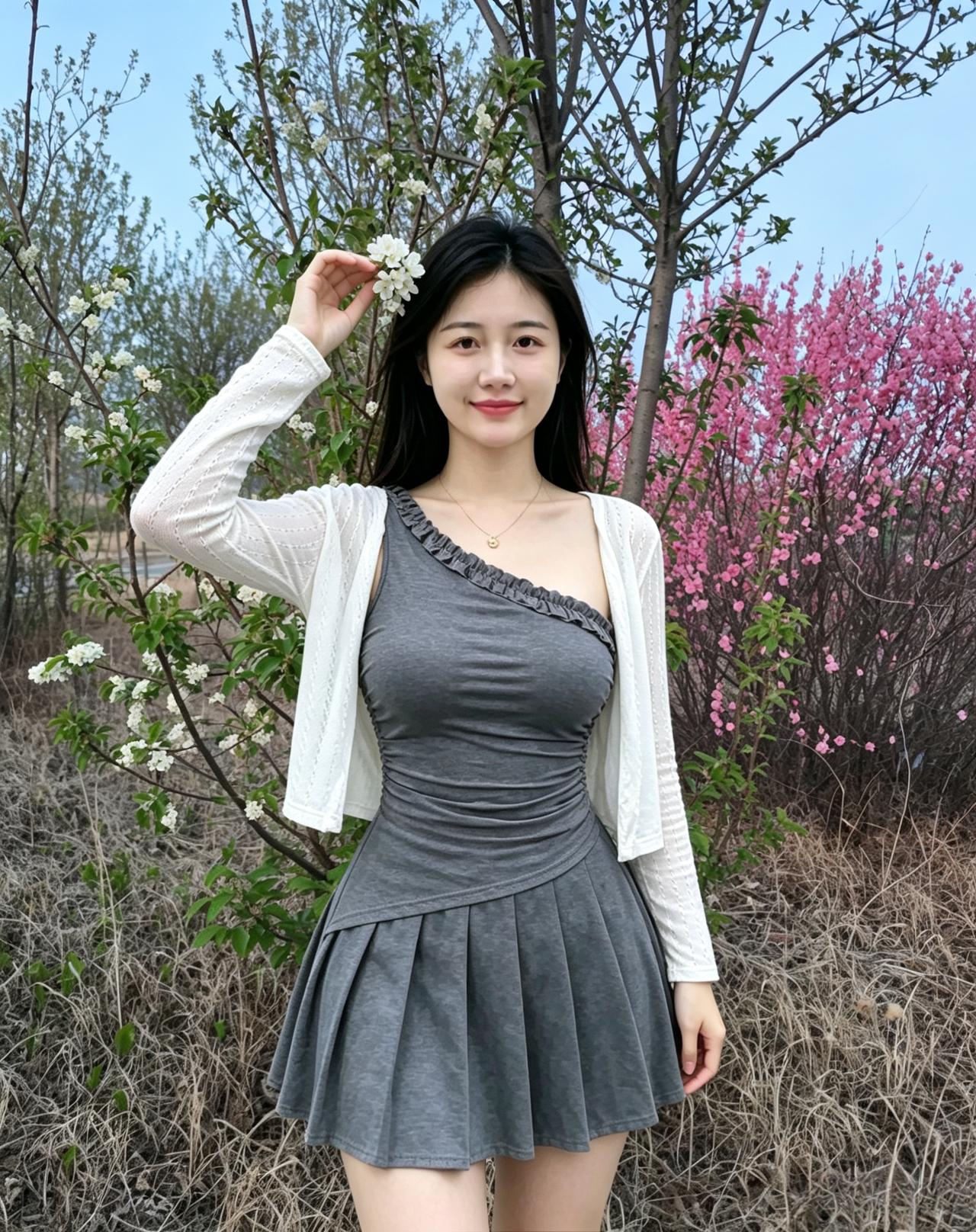 你抬手接住一朵纯白的花春日的风便悄悄停在了你的发梢身后粉花灼灼，草木新生