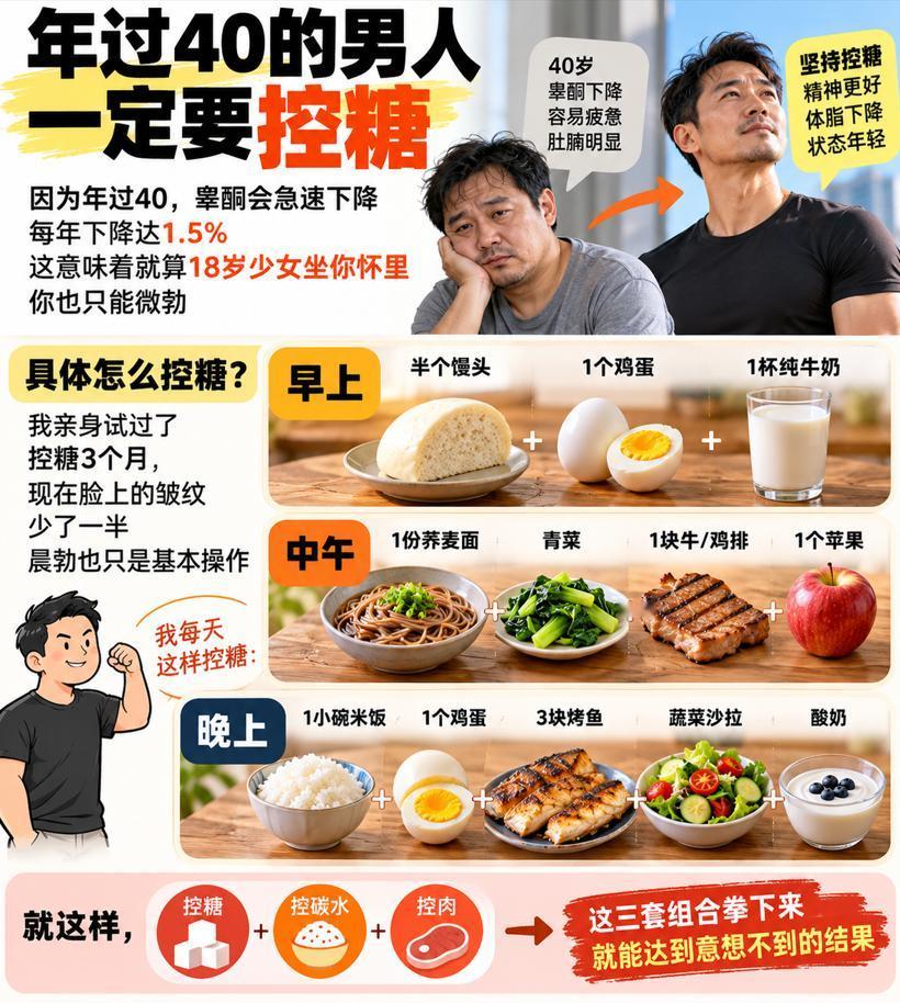 年过40的男人一定要控糖因为年过40睾酮会急速下降每年下降达1.5%这