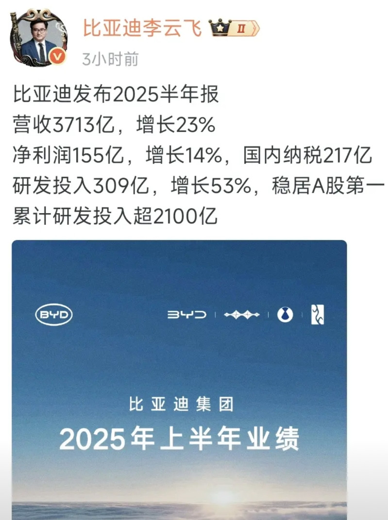 不比不知道一比吓一跳，本以为比亚迪半年241.6万台是王炸，但当比亚迪把2025