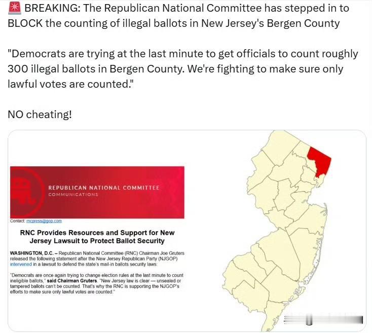 共和党全国委员会已介入，阻止新泽西州伯根县统计非法选票。声明指出：“民左