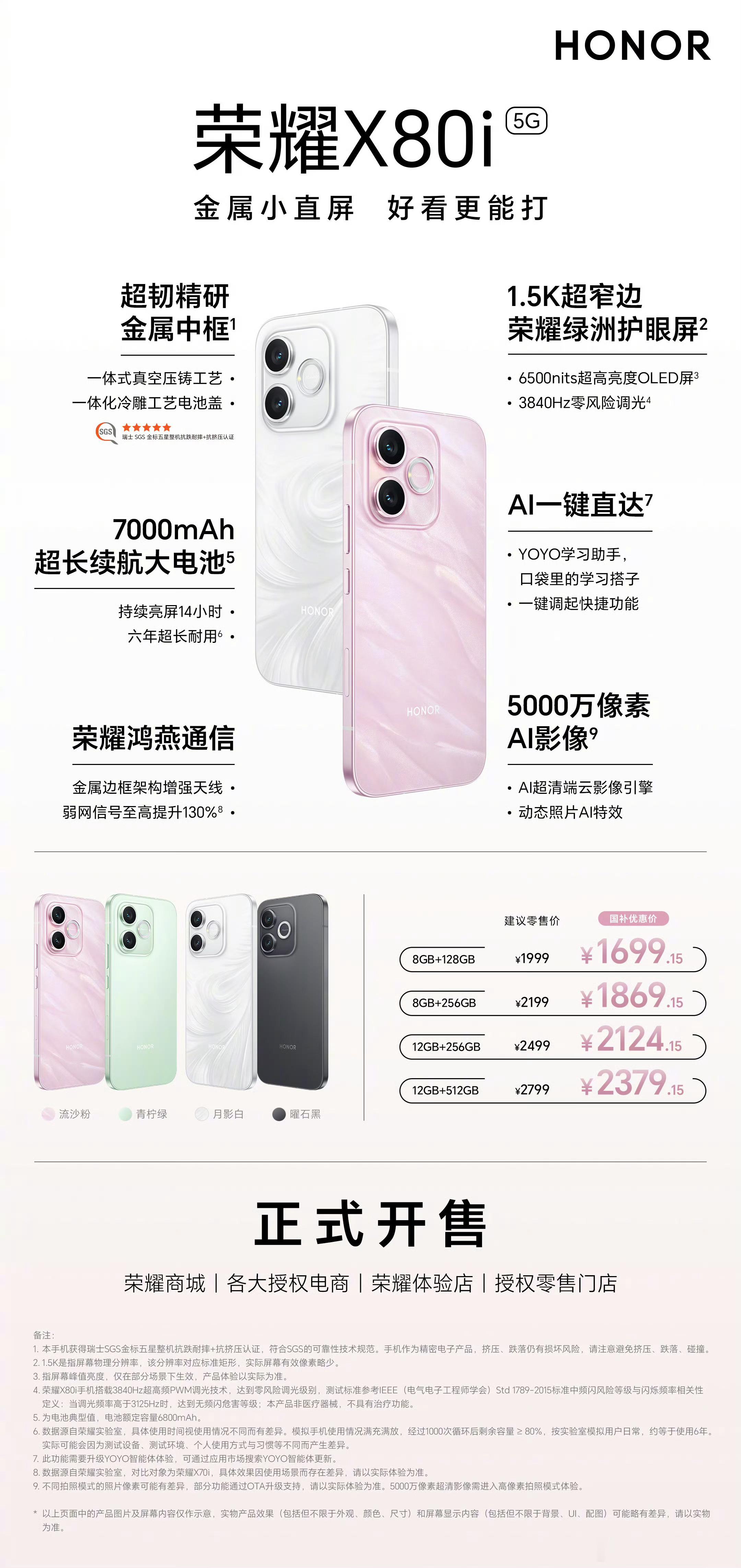 荣耀X80i，今日正式开售！超韧精研金属中框，1.5K超窄边荣耀绿洲护眼屏，70