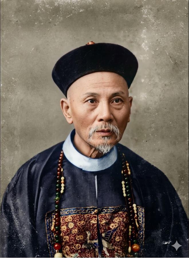 这张清末老照片，是盛宣怀晚年的官服肖像。他头戴官帽，颈佩朝珠，身着绣纹官服，眼神