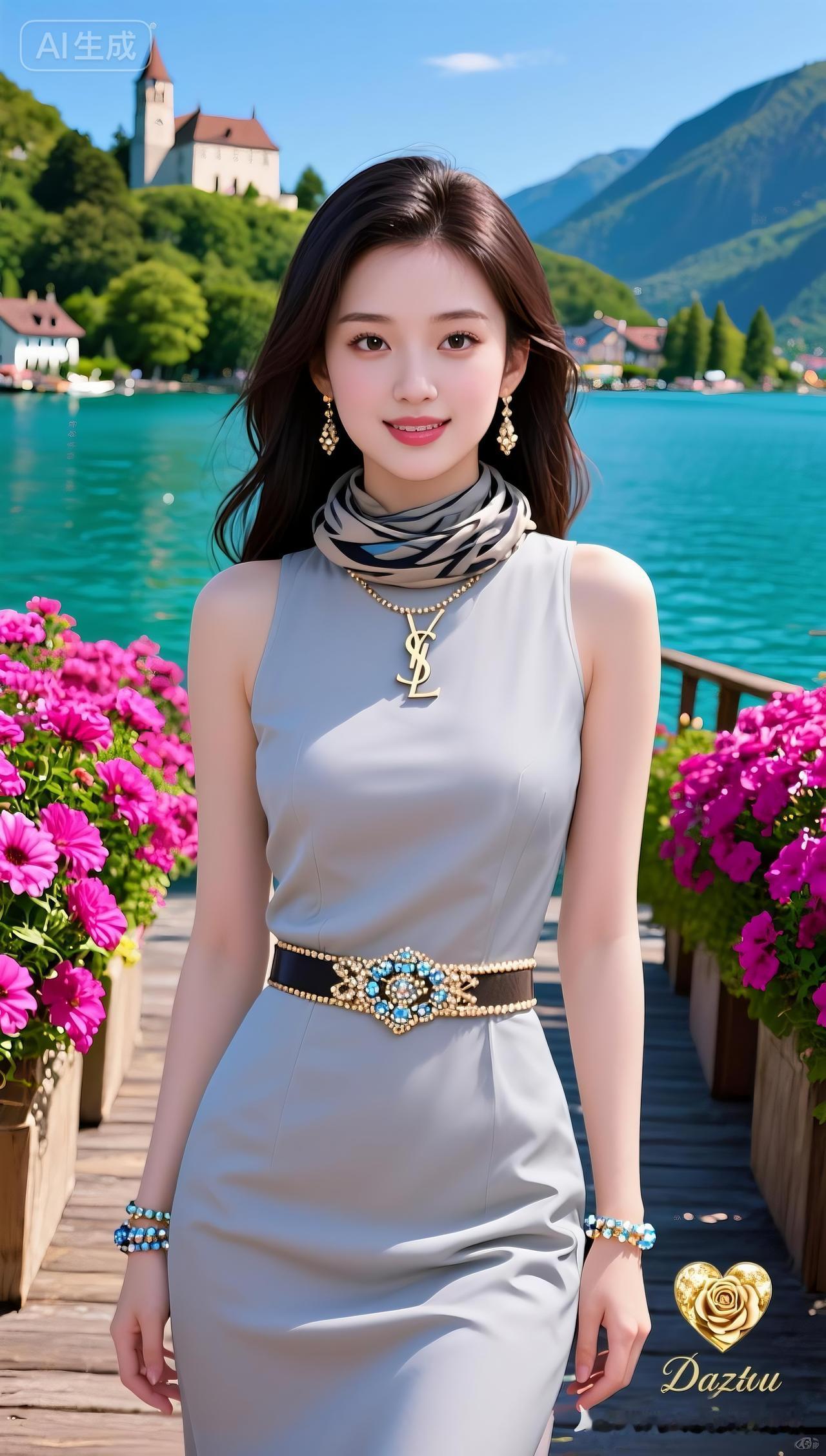 湖边美景真好，她穿得真优雅。
