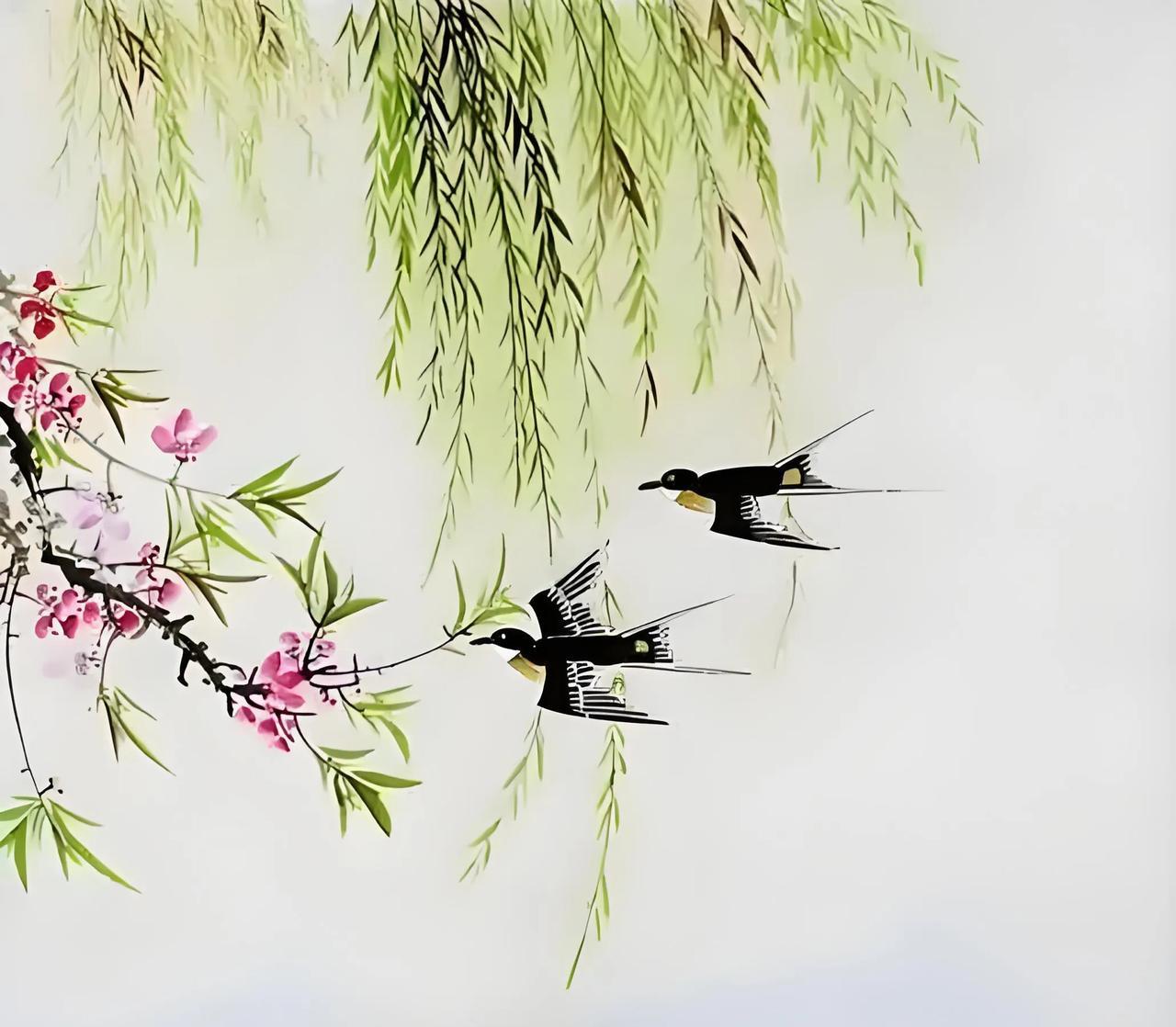 #上联：桃红柳绿双飞燕，邀您对下联#桃红柳绿双飞燕，蝶粉蜂黄几树莺。