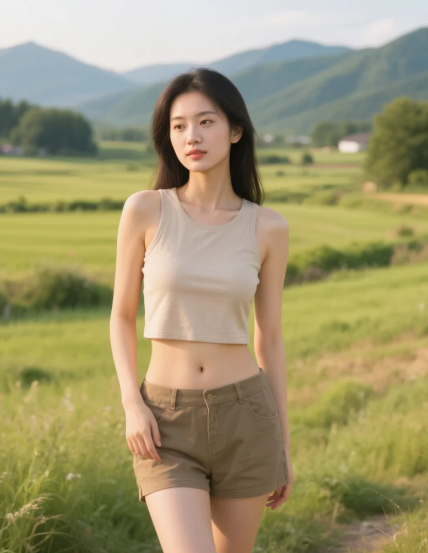 田野间的亚洲美女，如诗如画的田园风光