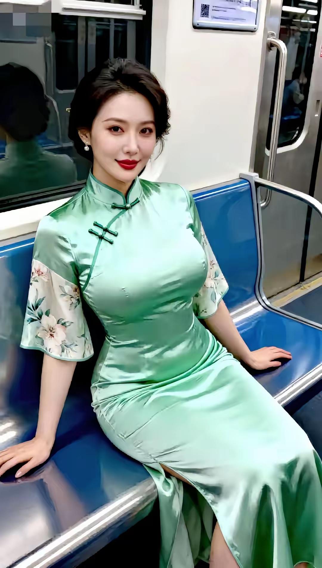 清江引·地铁旗袍佳人翠袍绣落风情厚，地铁姿容秀。珠珰衬雅柔，唇绽光华透。