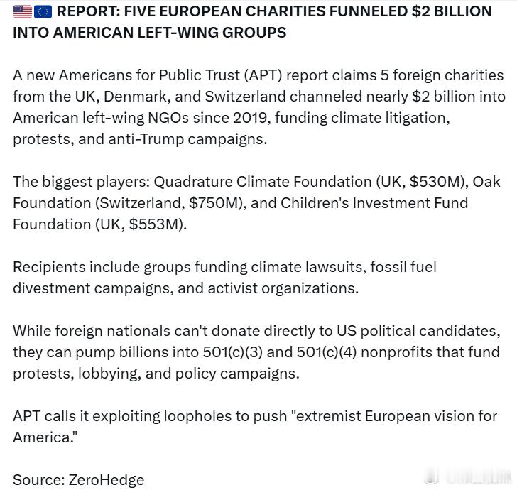 五家欧洲慈善机构向美国左派团体输送了20亿美元根据美公共信任组织的一份新报告，自