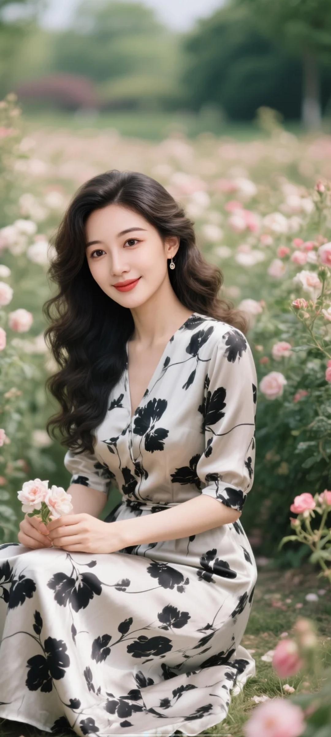 什么样的穿搭可以成为气质女神?优雅黑花裙，花海中的温柔女神🌸💃