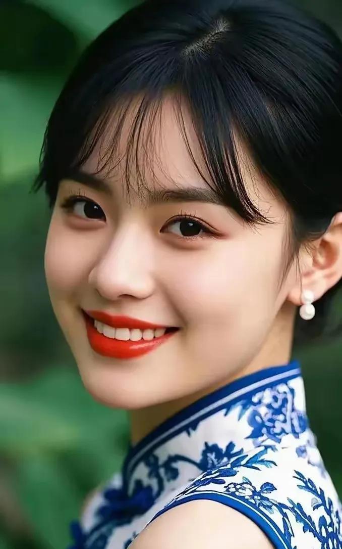 青花旗袍笑嫣然，白墙灰瓦古韵间。沉鱼落雁皆羞色，……请友续句【清纯善良碧