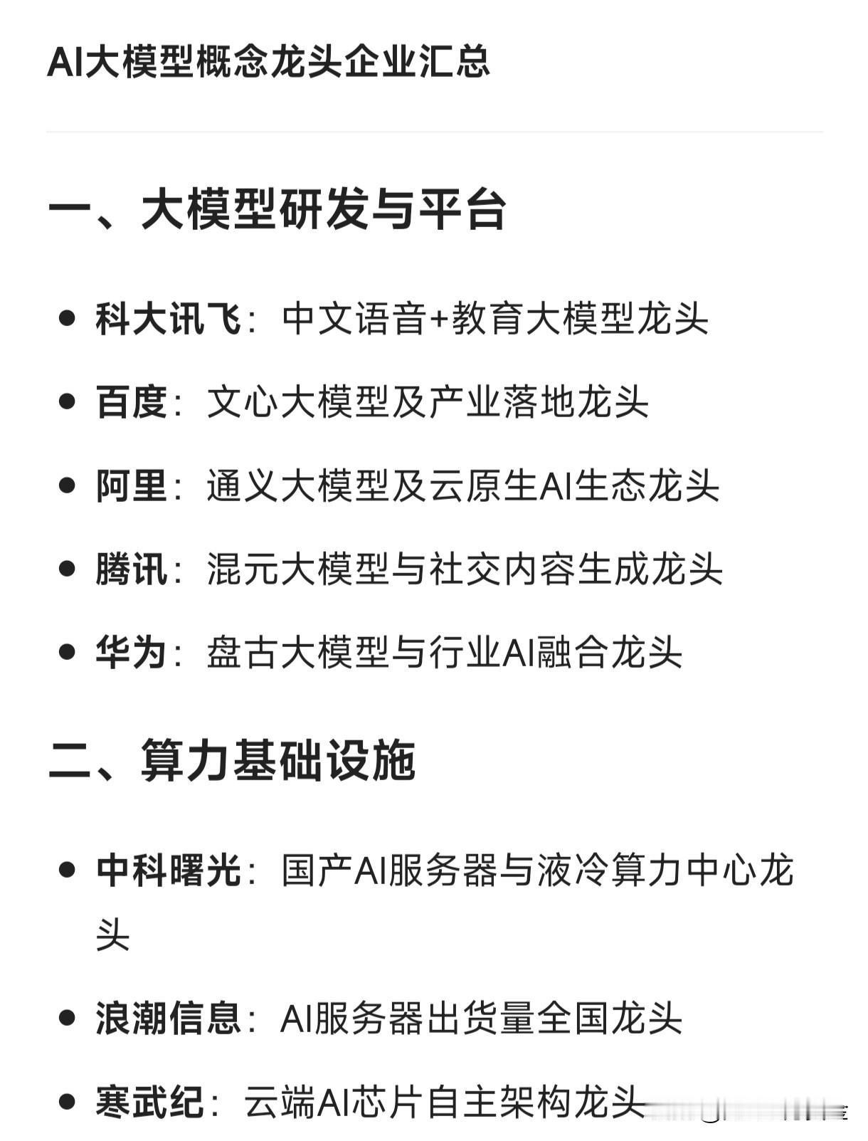 AI大模型概念龙头企业汇总一、大模型研发与平台科大讯飞：中文语音+教育大