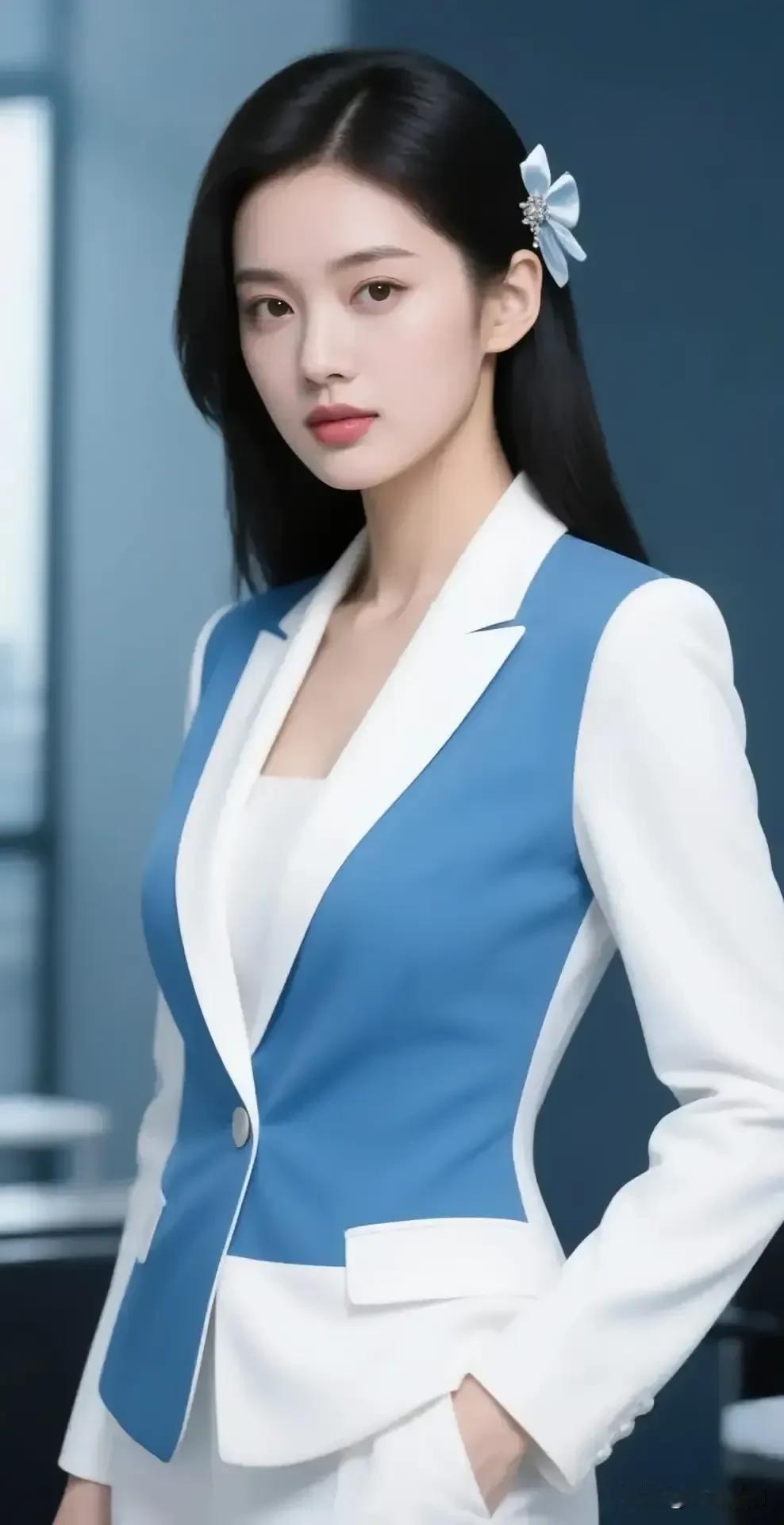 职场穿搭的高级感藏在蓝白撞色里，眉眼间的坚定揉着细节的温柔，气场与优雅并存✨大