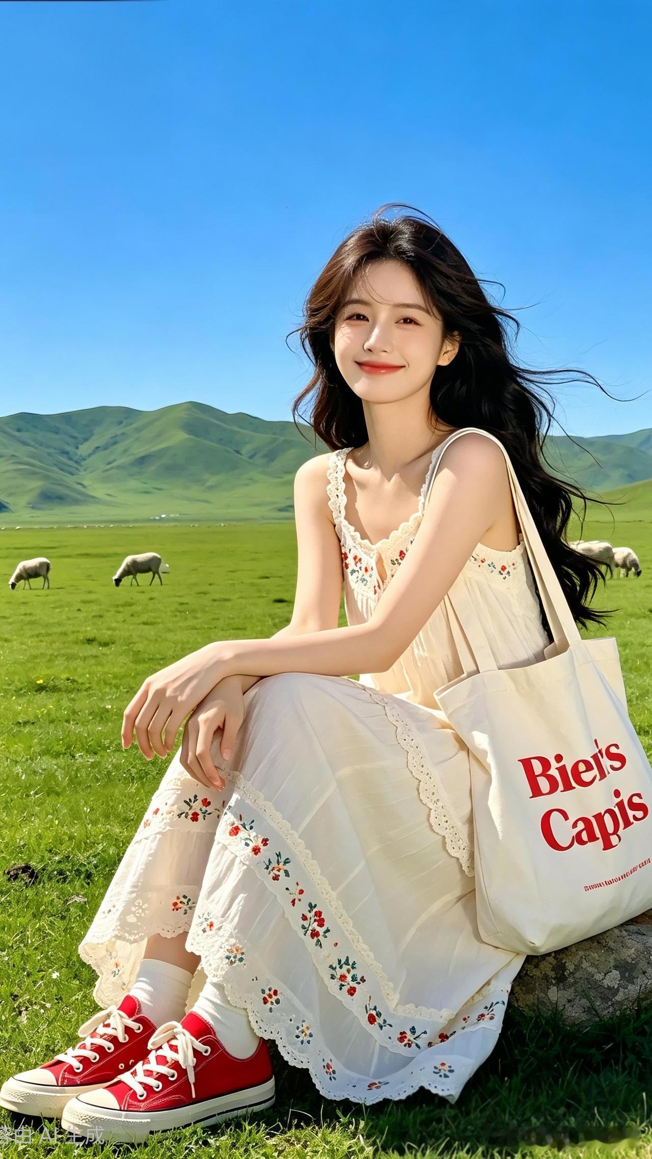 草原上的甜美少女，Bie'sCapis手提包相伴，享受美好时光。