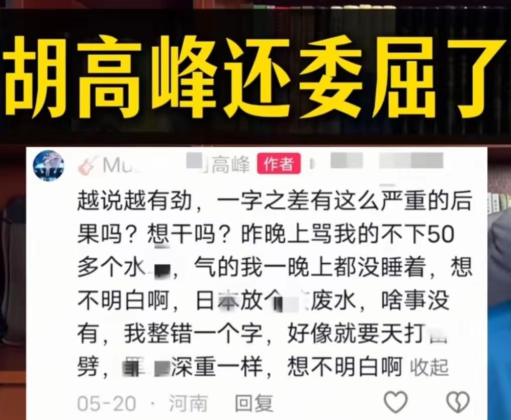 胡高峰还委屈上了。这个胡高峰不过是一个所谓的网络歌手，发布了一首京腔摇滚版《满