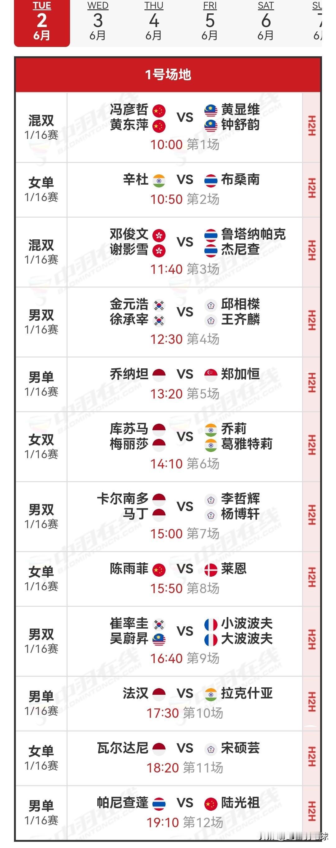 6月2日2026印尼羽毛球公开赛首日赛程安排今日，超级1000级别的2026