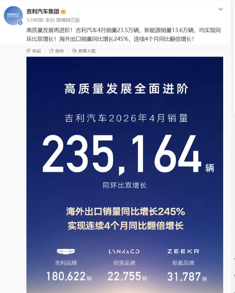 看了比亚迪的数据，再对比一下吉利2026年前4月份的数据。2026年1-4月