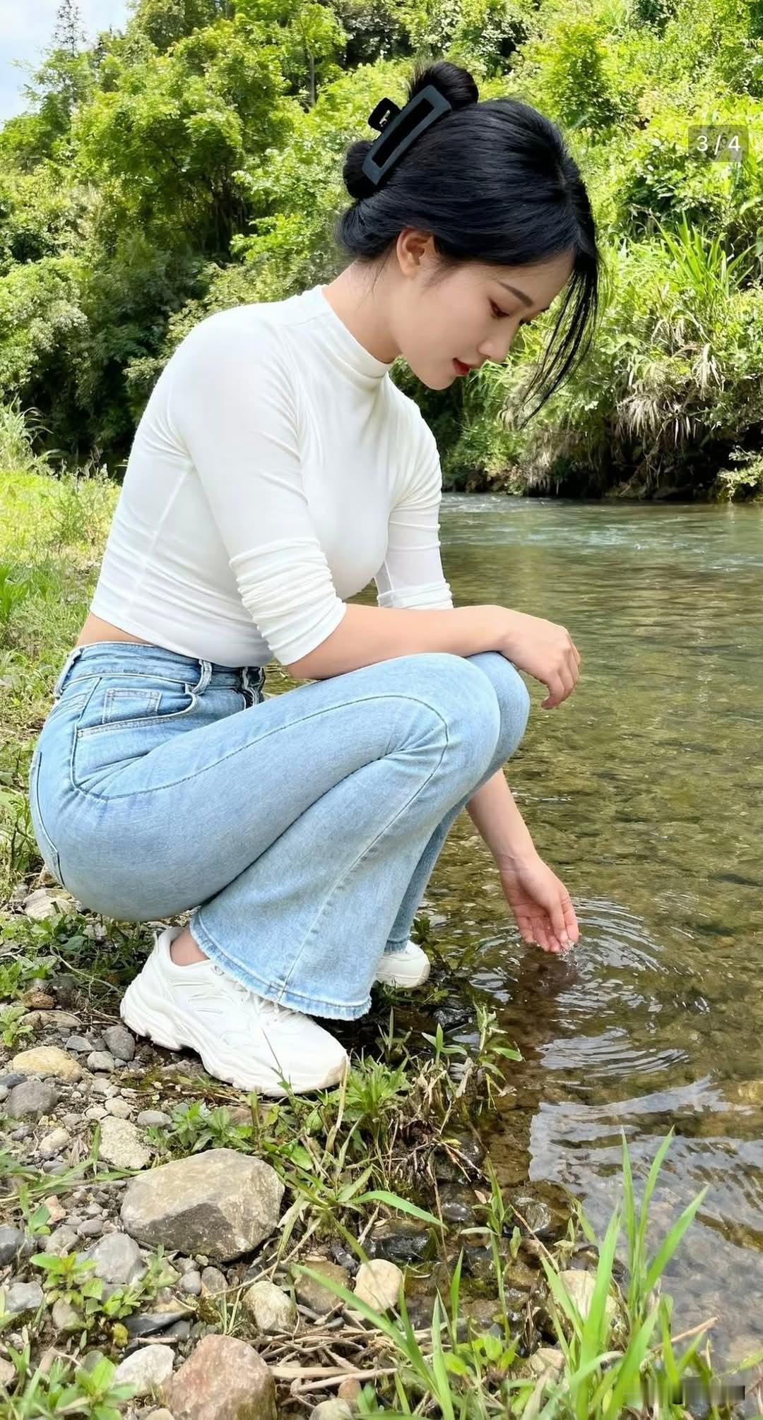 《溪畔闲嬉》翠溪绕石漱云轻，素衽新沾涧水盈。发绾青螺簪玉扣，腰萦蓝练束风清。