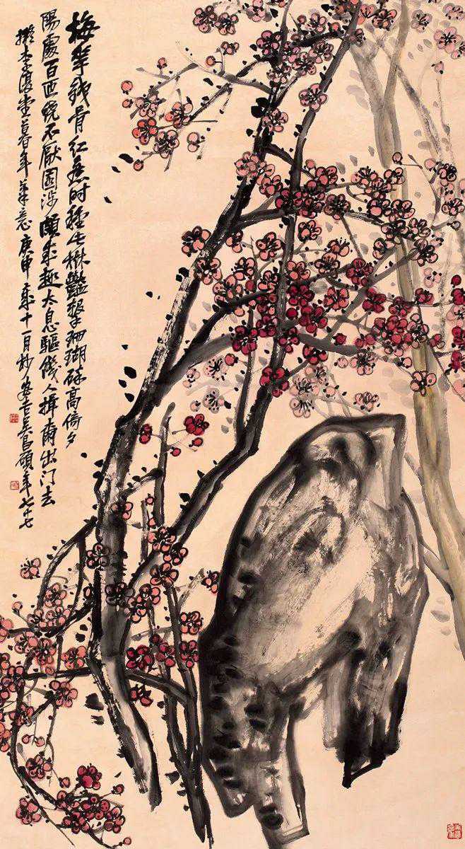 梅花是吴昌硕绘画中表现得最多的一个题材。吴昌硕平生最爱梅花，曾有“安得梅边结茅屋