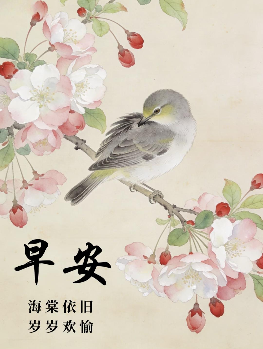 早安吉祥，鹊鸣枝头·万事亨通，海棠依旧·岁岁欢愉，清宁自在·顺心如意，鸟语花香·