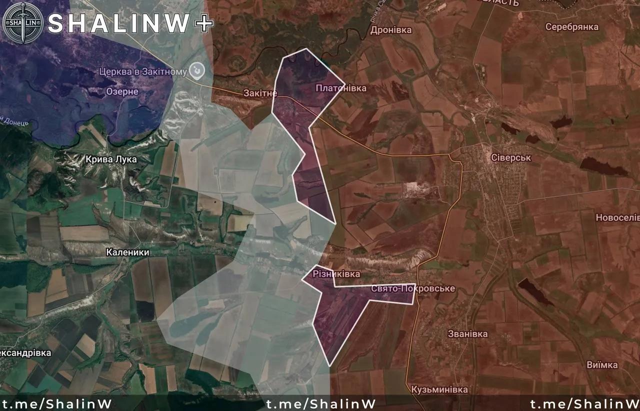 📍斯拉维扬斯克方向🔴俄军占领了普拉托尼夫卡，并几乎完全控制了扎基特