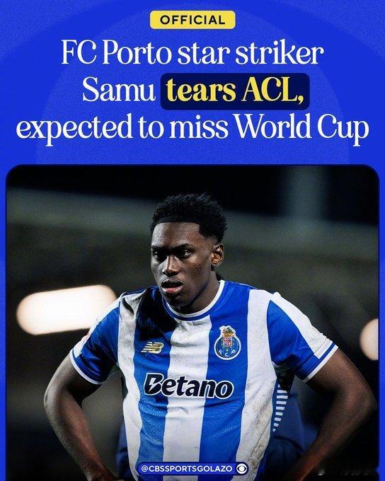 【重伤】21岁的波尔图前锋奥莫罗迪翁（SamuAghehowa）遭遇前十字韧带