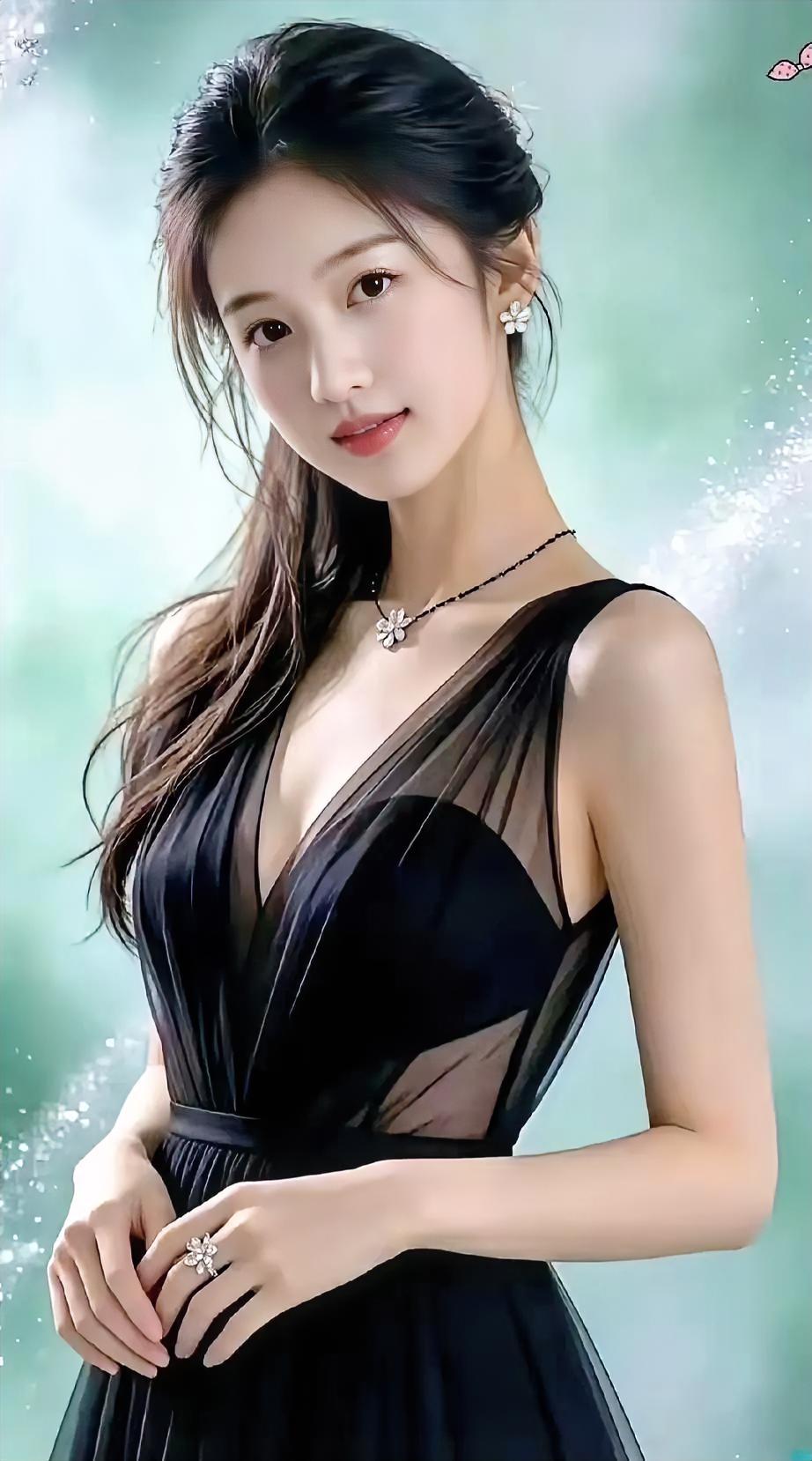 朦胧绿意，洒落点点星光，一袭黑色薄纱，勾勒优雅与神秘。繁花首饰点缀，浅笑