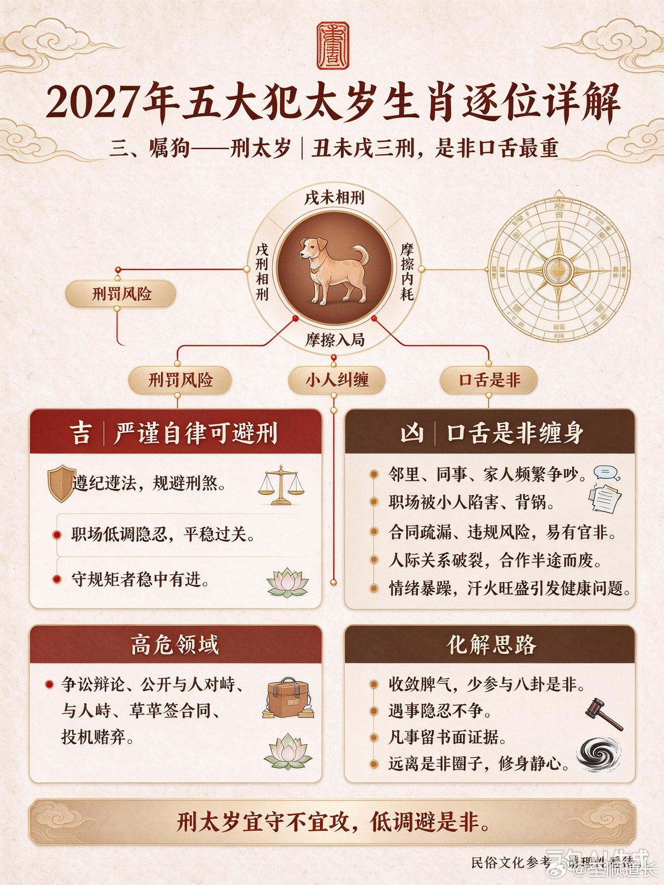 2027年五大犯太岁生肖逐位详解三、属狗——刑太岁（丑未戌三刑，是非口舌最重）戌未相刑，三刑入局，主