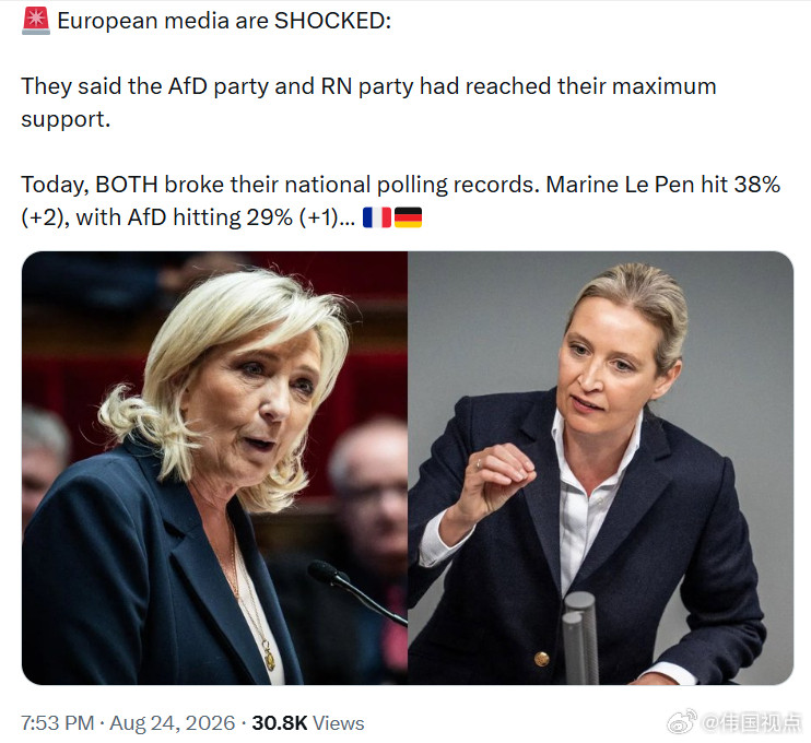 欧洲媒体震惊了：他们曾表示，德国选择党（AfD）和法国国民联盟（RN）的支持率已