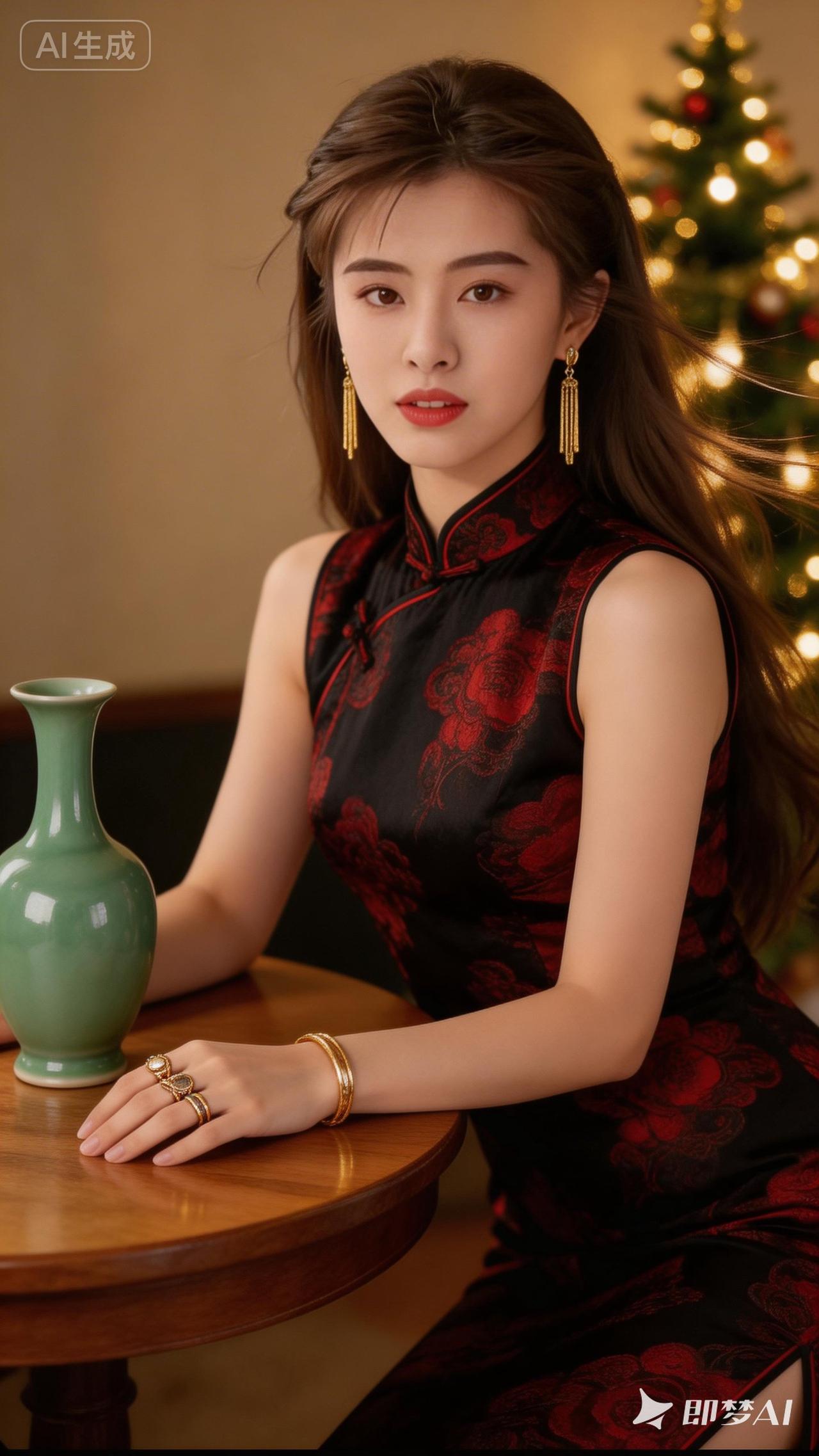 优雅东方美人，红黑旗袍韵味十足，圣诞树旁静坐，韵味十足。