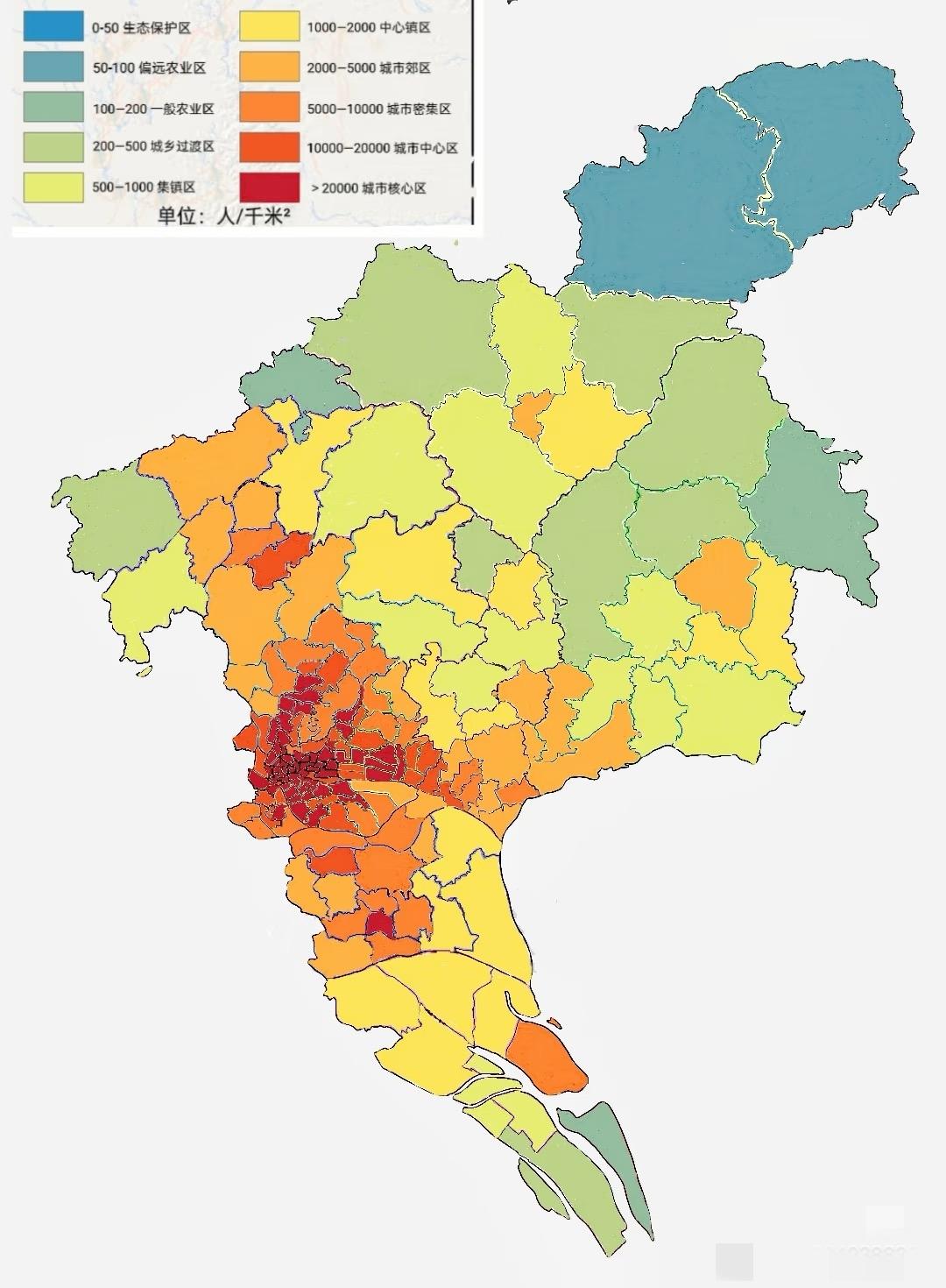 广州市人口密度分布图直观上看，广州的人口高度集中在老四区，而且呈现出比较明显