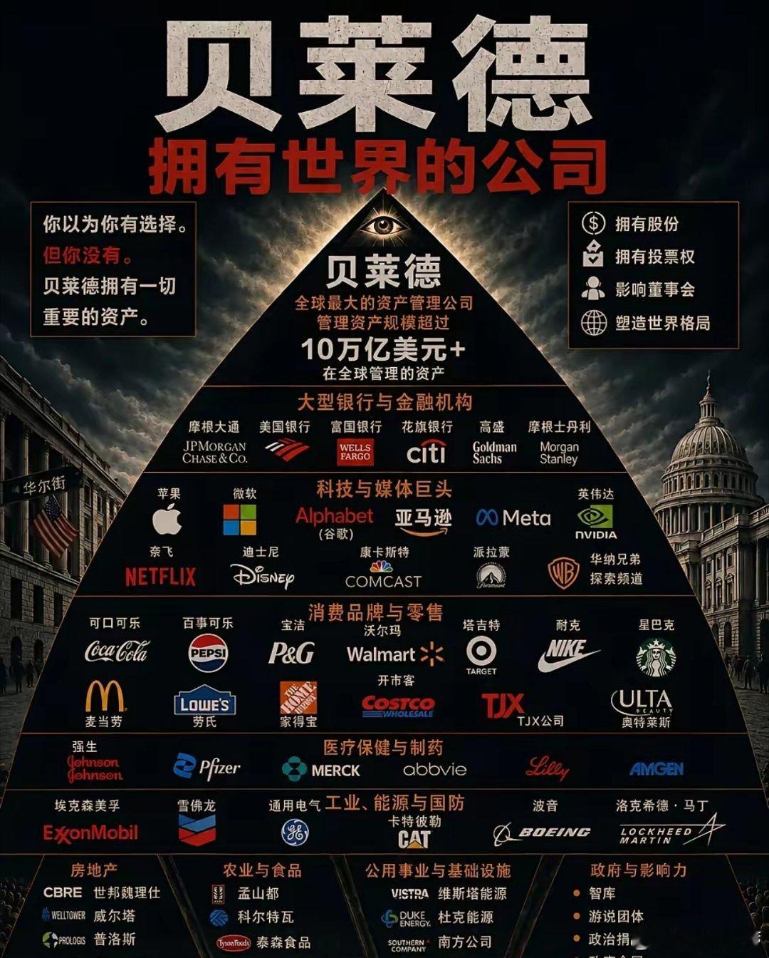 看完这图，我默默喝了一口可口可乐，顺手给苹果手机充上了电。都在喊“贝莱德拥有世界”，搞得好像你反抗就