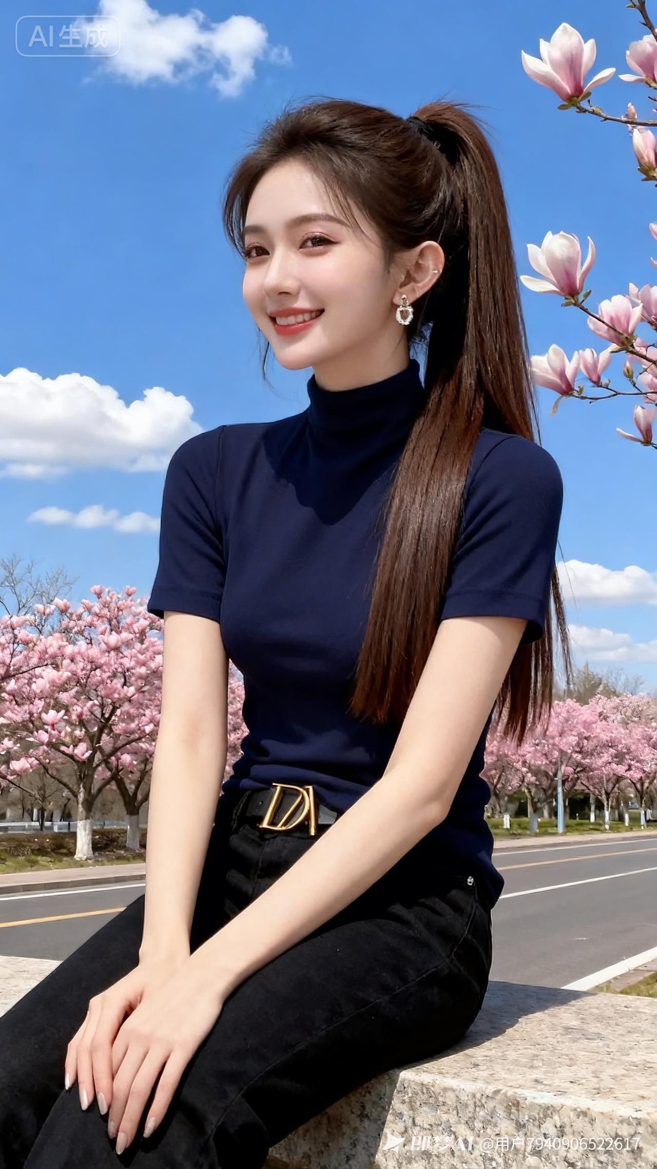 25岁亚洲冷白皮美女，棕色直发高马尾，妆容精致，佩戴耳环，五官立体，笑容甜美。身