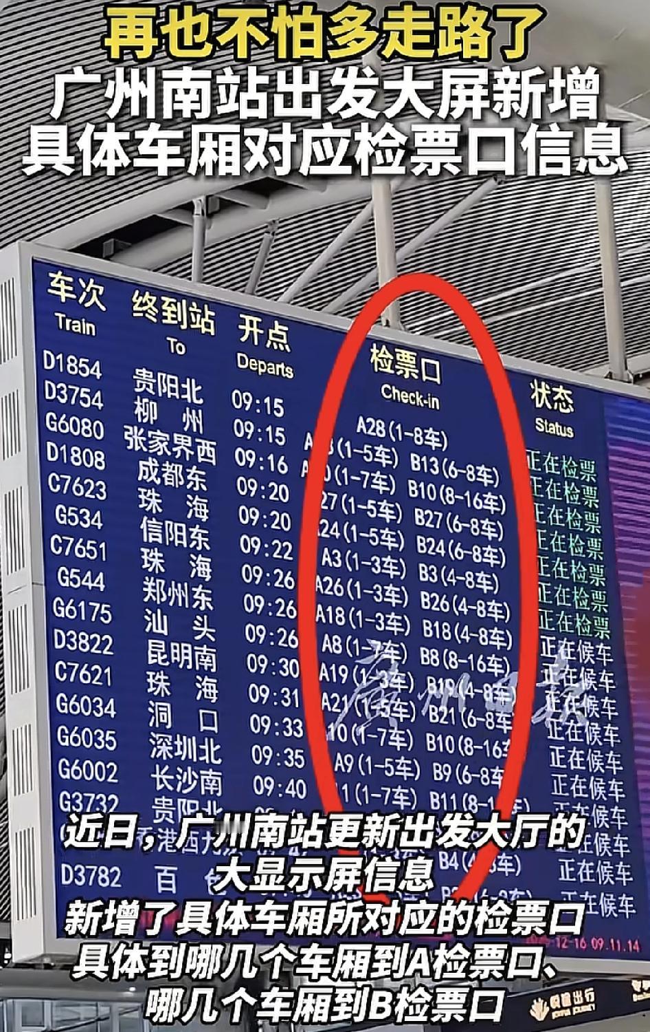 近日，广州南站候车大厅显示屏最新做了更新，乘客根据自己的车厢选择不同的检票口，在