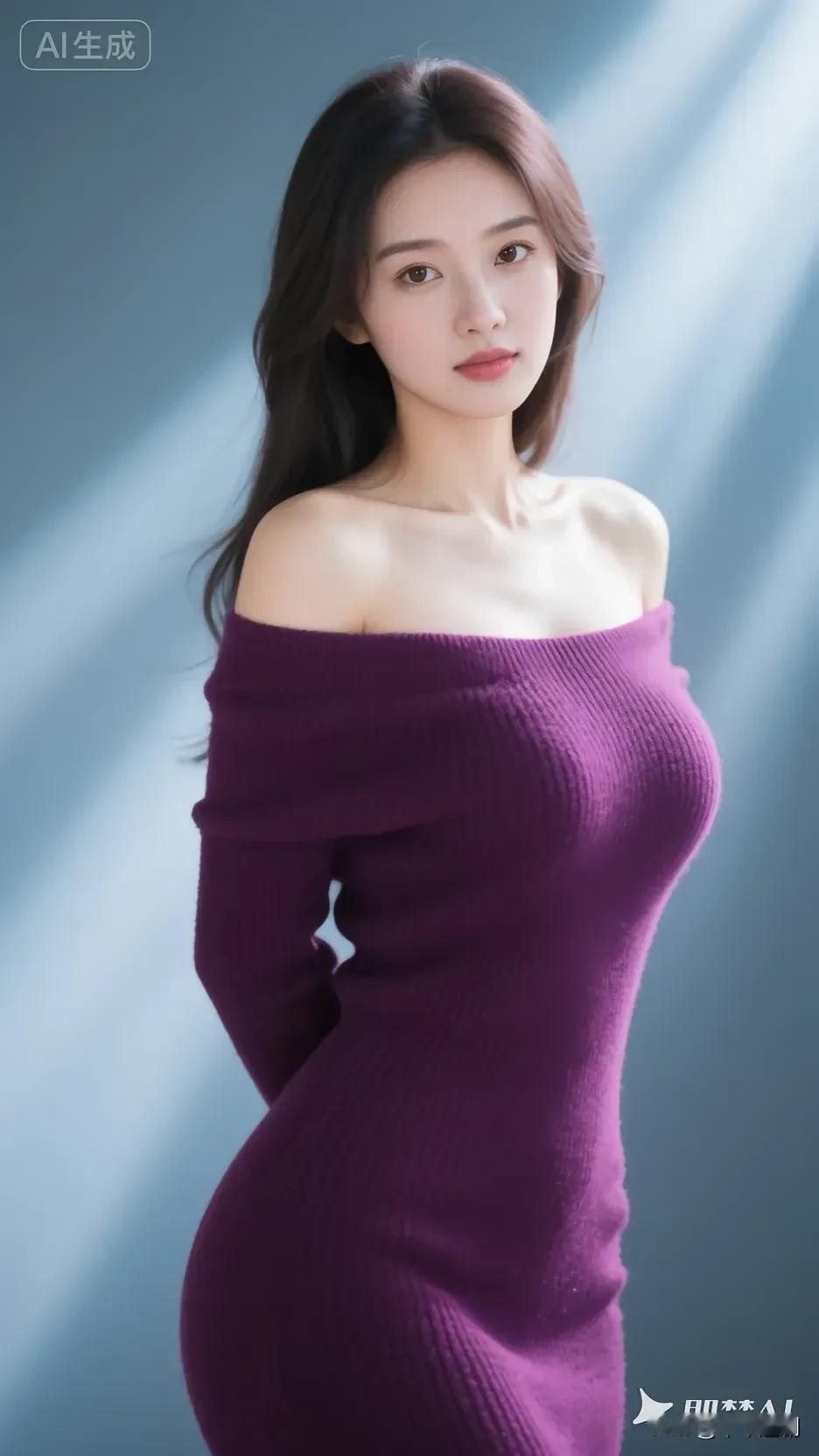 成熟稳重的美女你喜欢吗?葡萄紫露肩针织裙衬着冷蓝光影，顺直长发揉出妩媚又优雅的