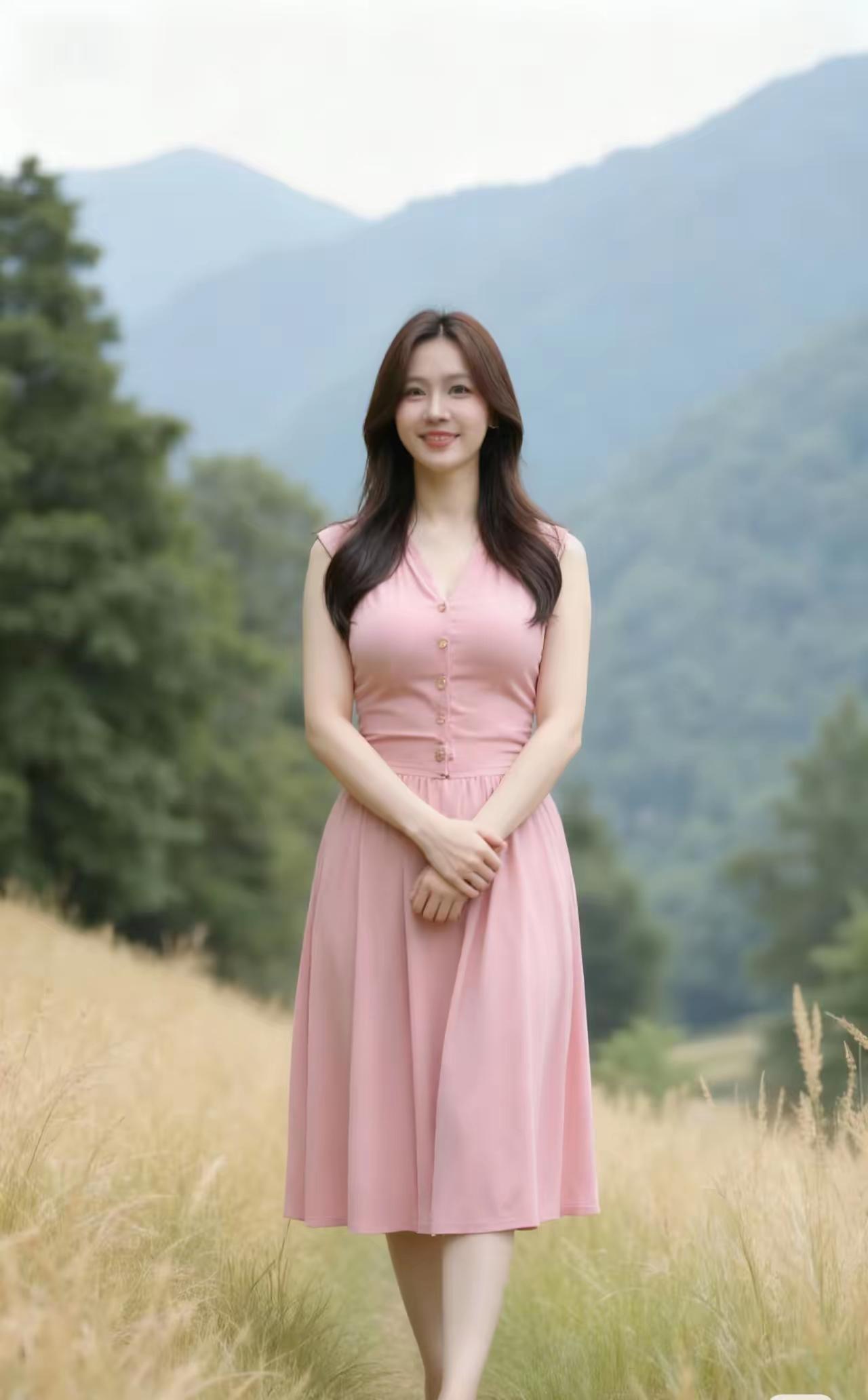 粉裙少女漫步在山间，微笑面对自然之美。