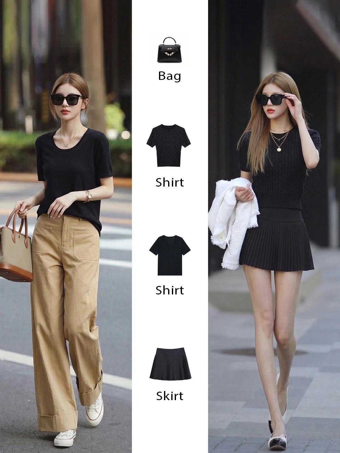 黑色配卡其很高级啊！极简黑T或针织衫自带利落质感，搭配卡其阔腿裤松弛又显瘦，不