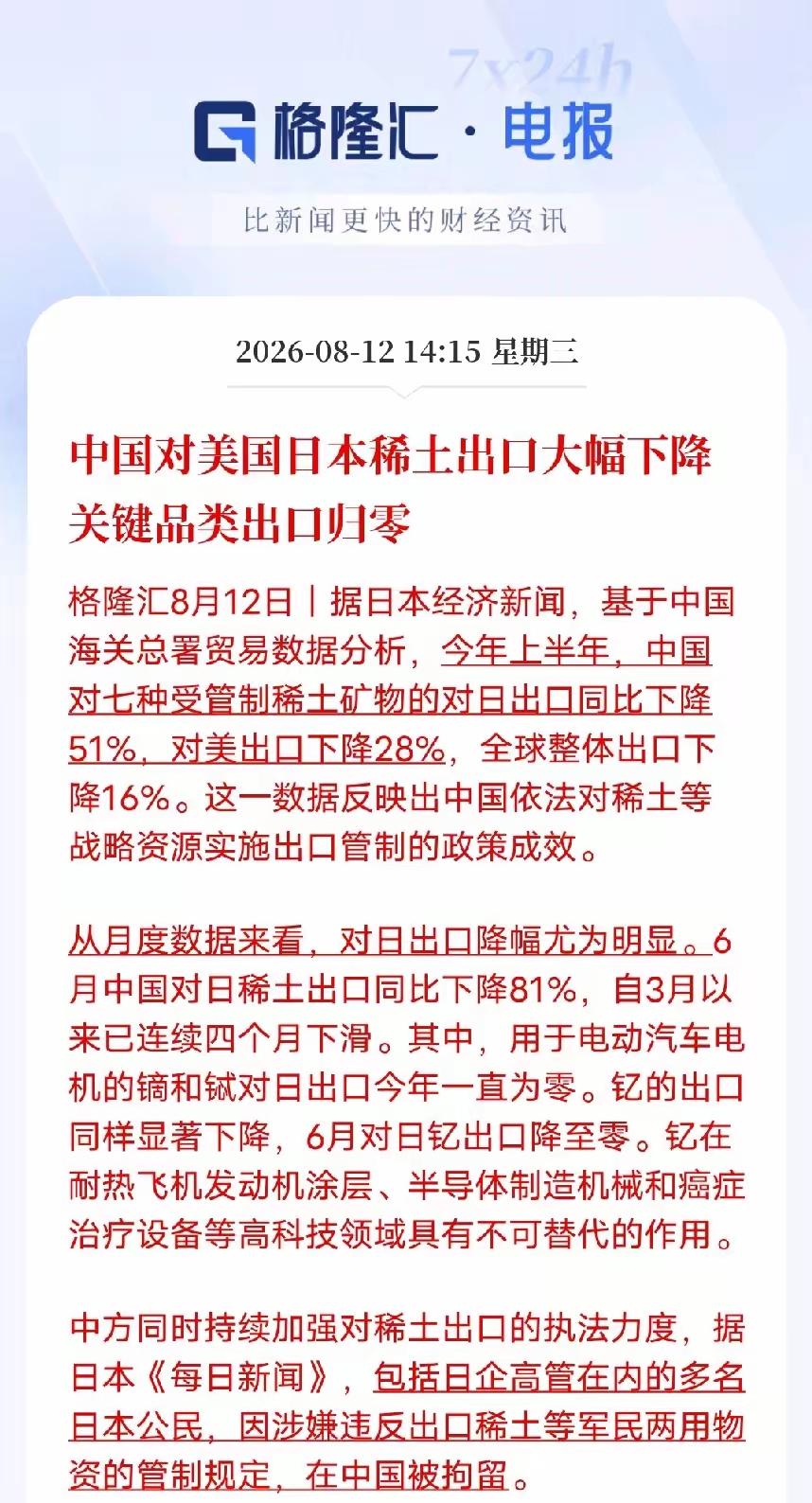 中国对美国，日本的稀土出口大幅下降，关键品类出口归零，而且现在中国对全球的稀土，