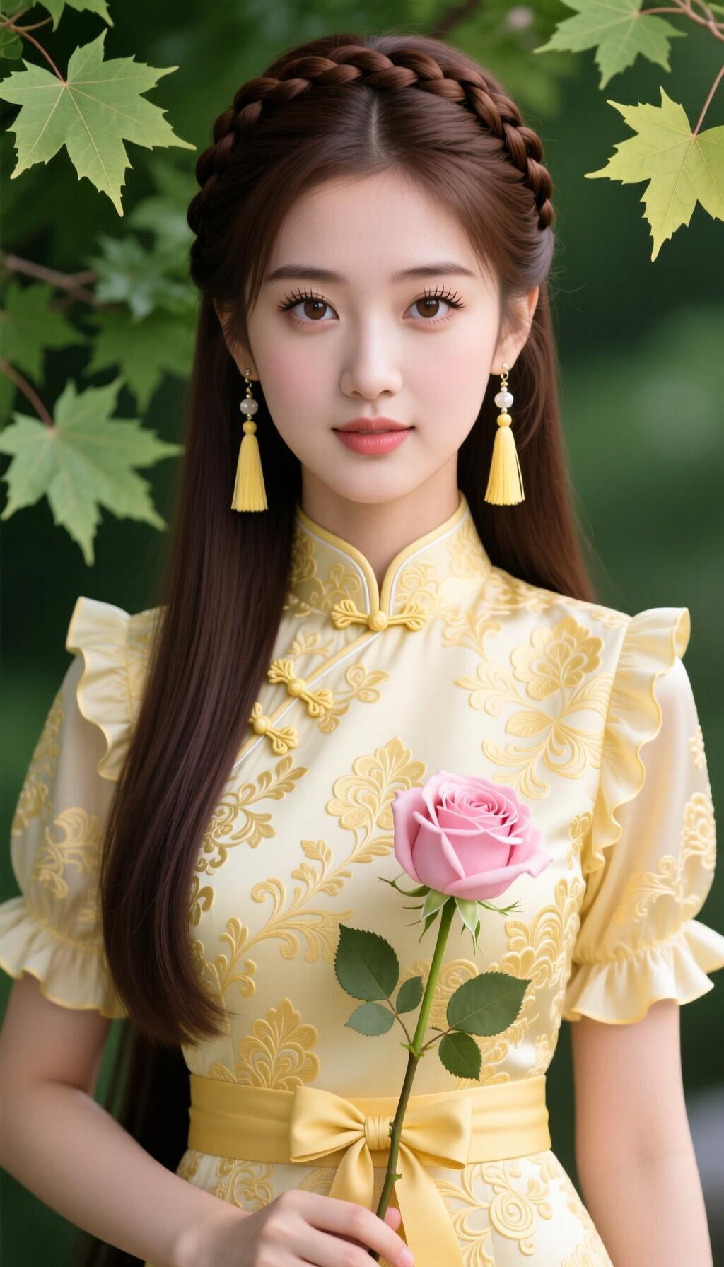 优雅古风少女，手持粉色玫瑰，置身自然绿意中。