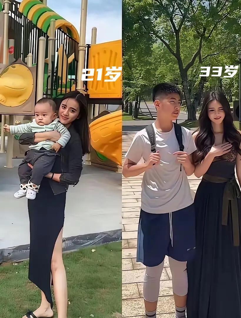 为什么要早婚早育？大概这就是最硬核的答案！ 左边是21岁的姑娘，怀里抱着刚出