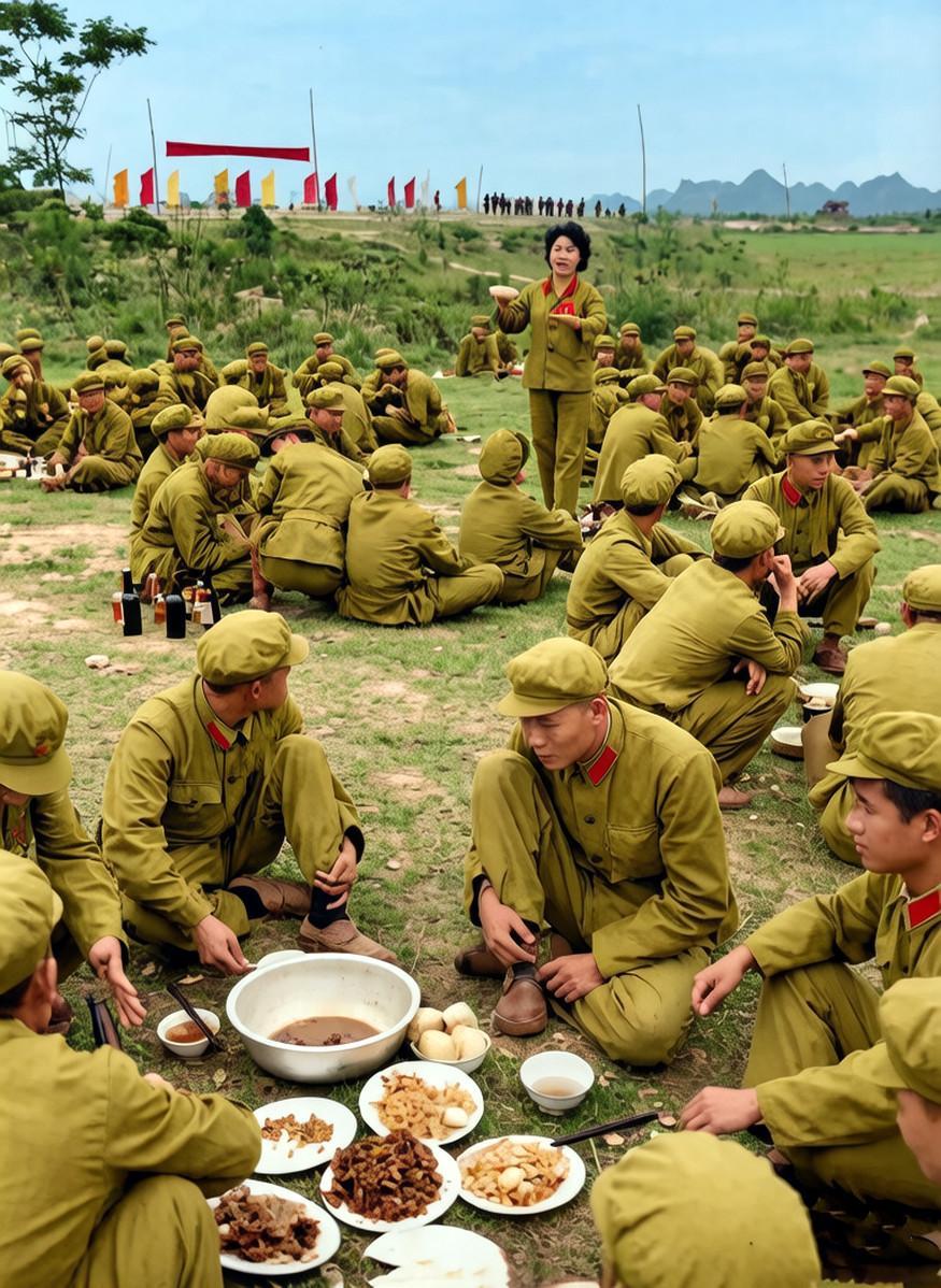 1979年，广西，对越自卫反击战凯旋士兵的庆功宴。没有豪华餐厅和餐桌，饭菜就