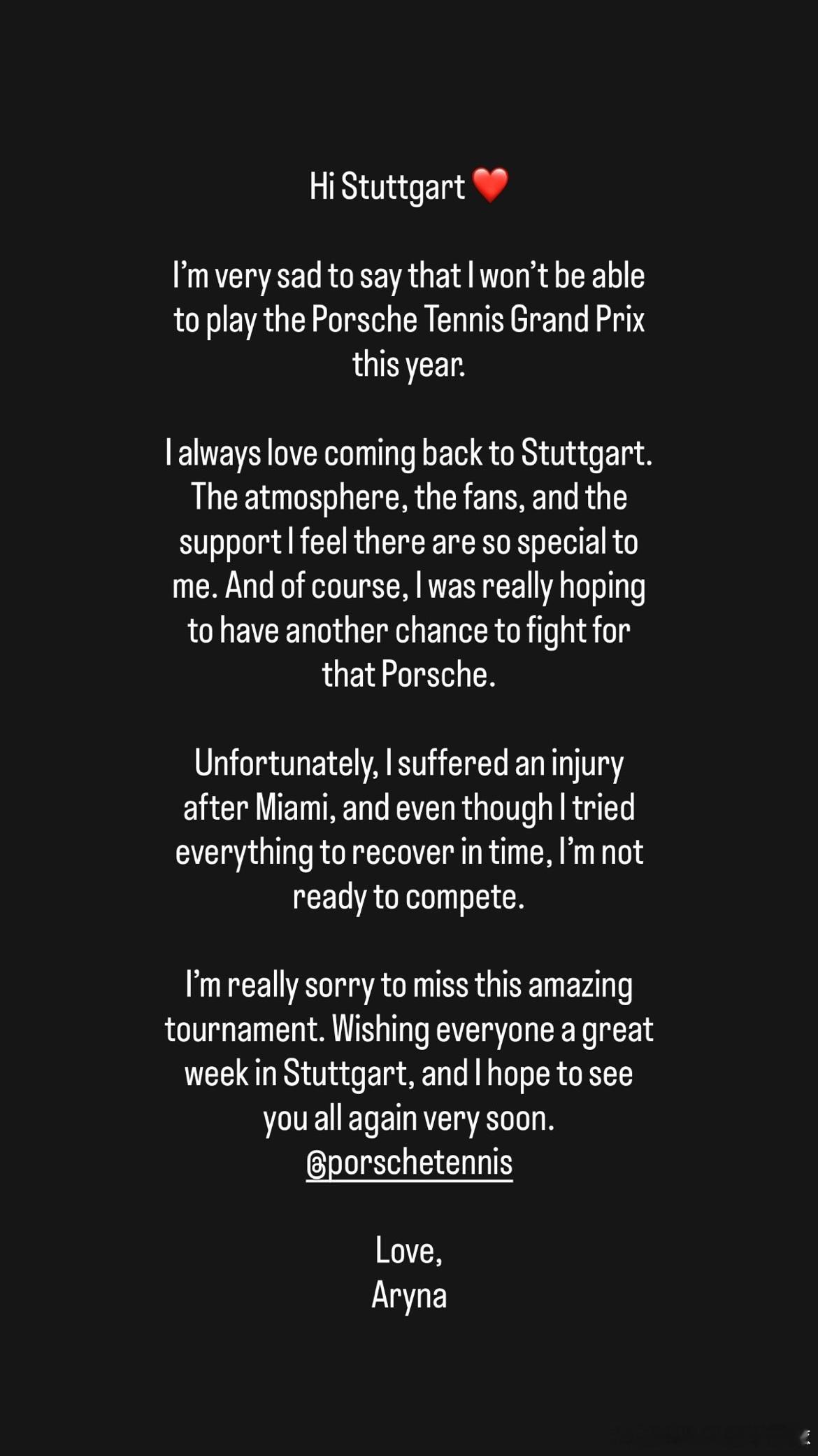 萨巴伦卡🇧🇾退出WTA斯图加特⭐️萨巴伦卡退赛声明：“你好，斯图加特❤️非