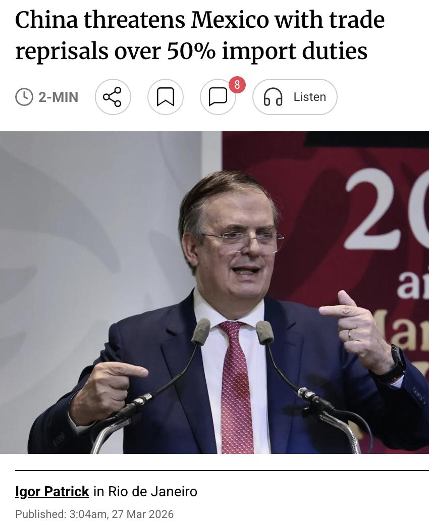 外媒：中国警告将对墨西哥采取贸易报复措施，此前墨西哥自1月1日起对1463类亚洲