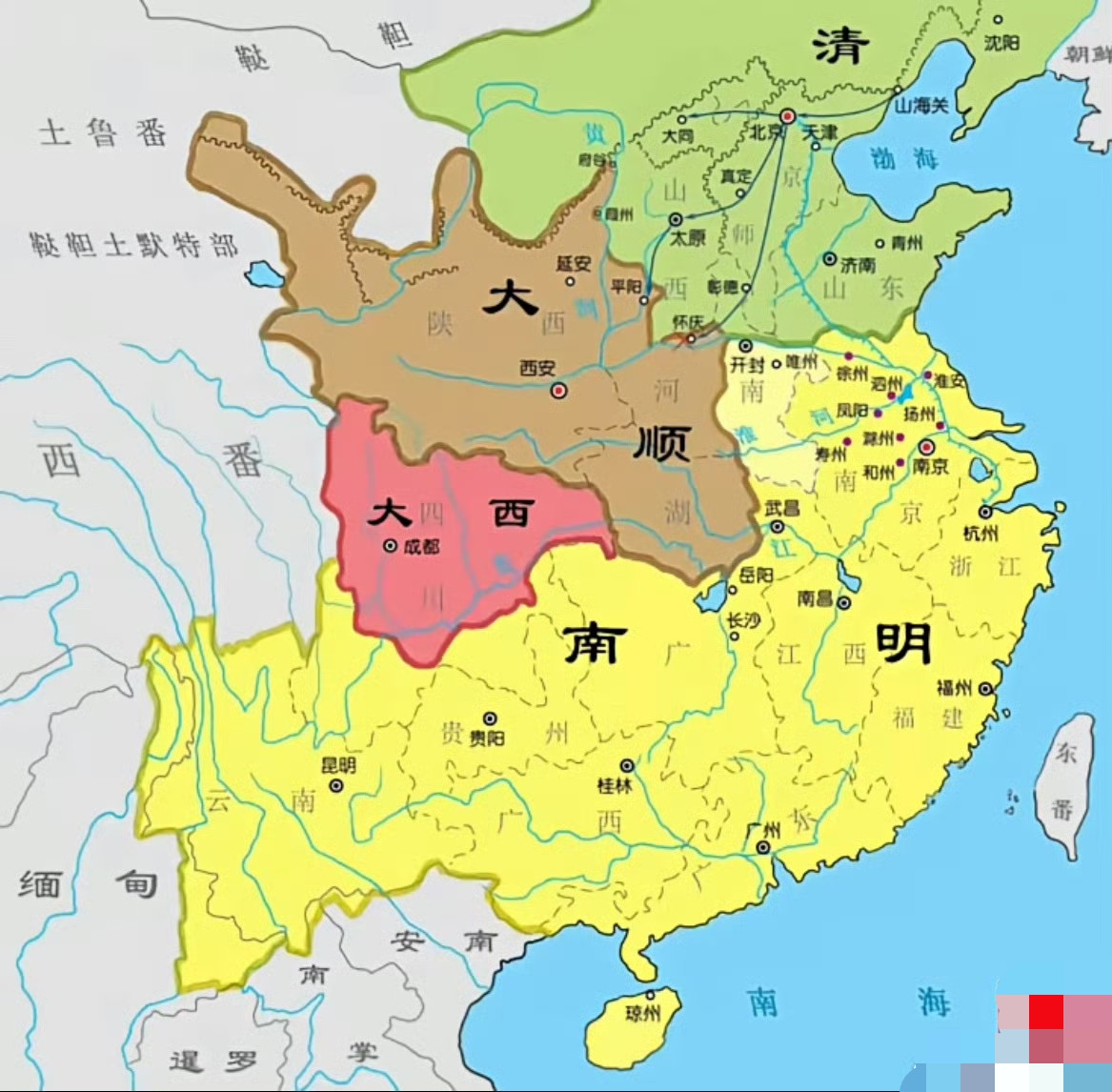 1644年清军入关时的地图，以及南明、大顺、大西的统治范围！天下四分，谁也没想到，最后竟然是清朝笑到
