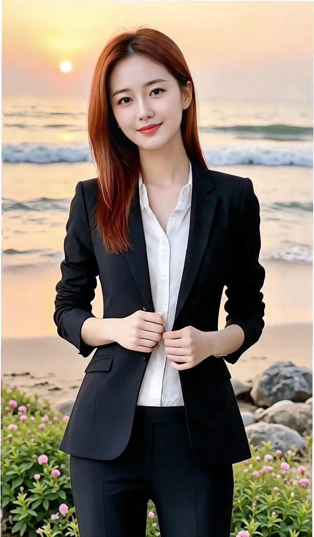 落日染金波，海风轻拂过。西装挺括立滩头，笑意暖如昨。繁花绕脚边，