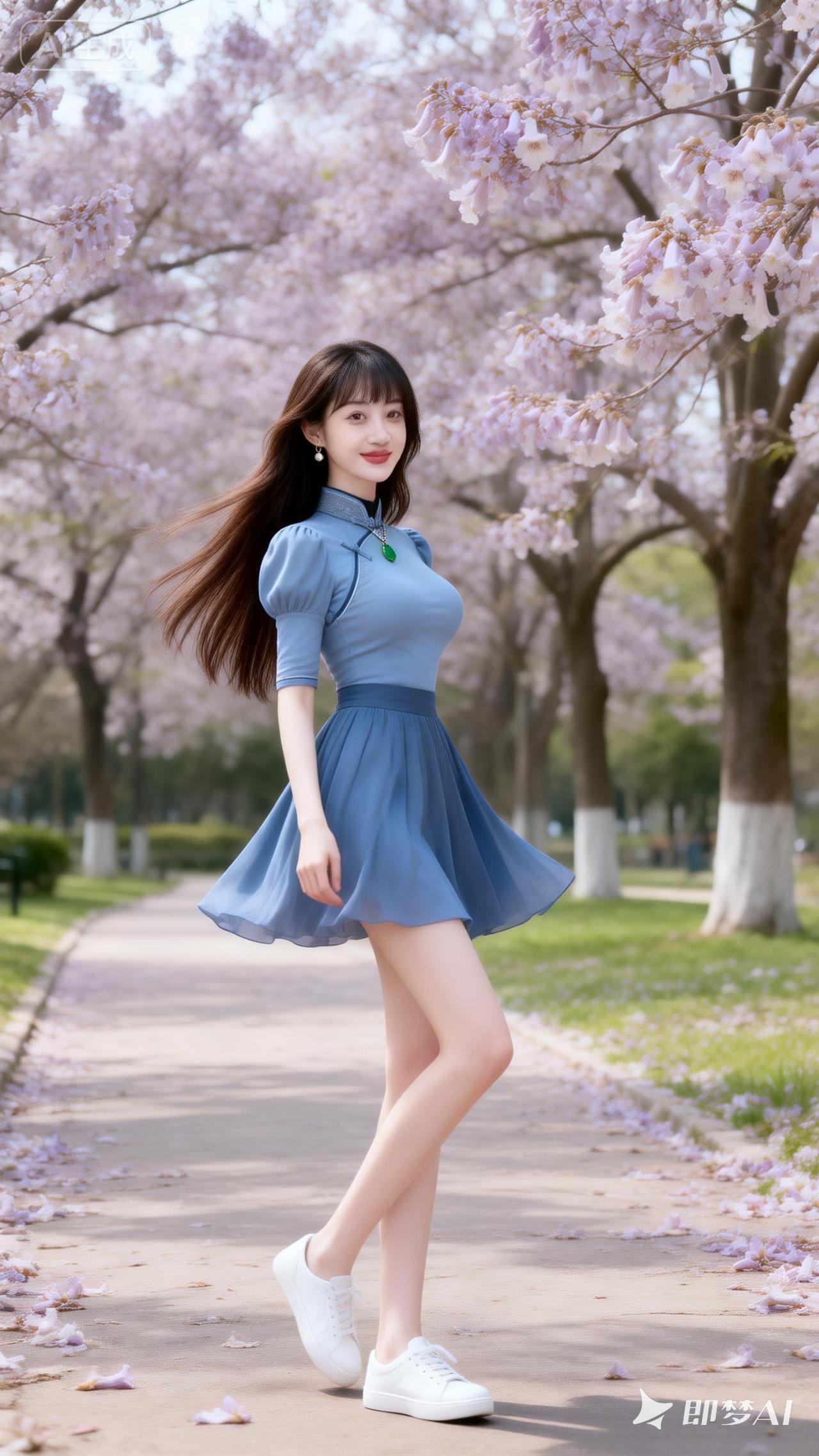 樱花树下，优雅蓝裙，春日漫步